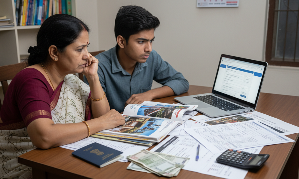 Realistic editorial news photograph of Indian students and parents sitting at a study table, reviewing overseas university brochures and student visa documents. A laptop open showing a foreign university admissions or visa application page. Indian passport placed on the table alongside currency notes, a calculator, and printed fee sheets. Expressions show concern and careful decision-making. Indoor setting with neutral lighting, middle-class Indian home or education counseling office. Professional, serious news tone, high realism, sharp focus, no branding, no text overla