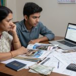 Realistic editorial news photograph of Indian students and parents sitting at a study table, reviewing overseas university brochures and student visa documents. A laptop open showing a foreign university admissions or visa application page. Indian passport placed on the table alongside currency notes, a calculator, and printed fee sheets. Expressions show concern and careful decision-making. Indoor setting with neutral lighting, middle-class Indian home or education counseling office. Professional, serious news tone, high realism, sharp focus, no branding, no text overla