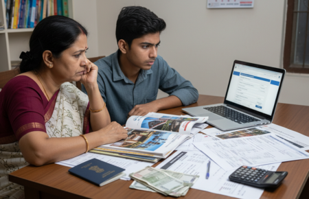 Realistic editorial news photograph of Indian students and parents sitting at a study table, reviewing overseas university brochures and student visa documents. A laptop open showing a foreign university admissions or visa application page. Indian passport placed on the table alongside currency notes, a calculator, and printed fee sheets. Expressions show concern and careful decision-making. Indoor setting with neutral lighting, middle-class Indian home or education counseling office. Professional, serious news tone, high realism, sharp focus, no branding, no text overla