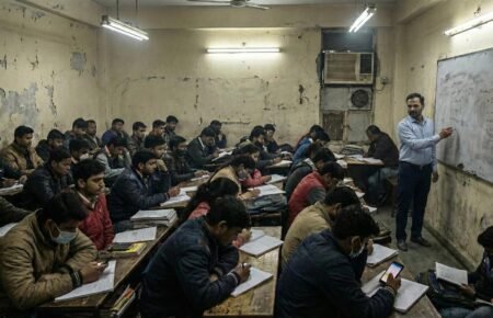 students preparing CUET exam coaching classroom books laptop india