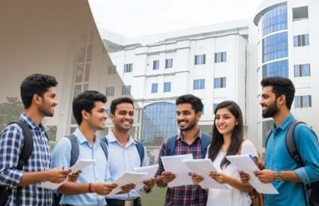 Students participating in university admission counselling and education planning in India.