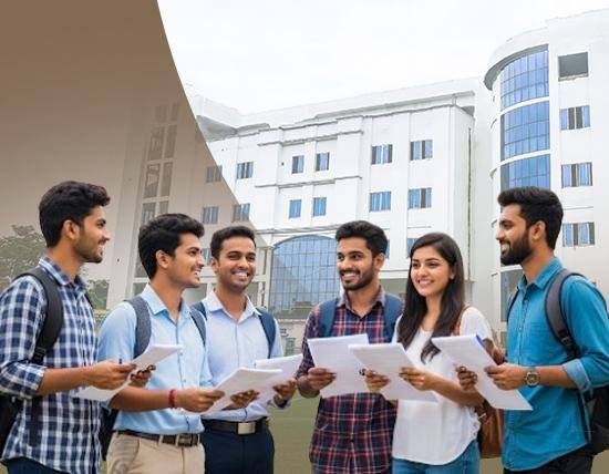 Students participating in university admission counselling and education planning in India.
