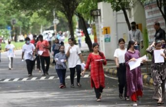 Students arriving at a university entrance examination centre for CUET UG 2026.