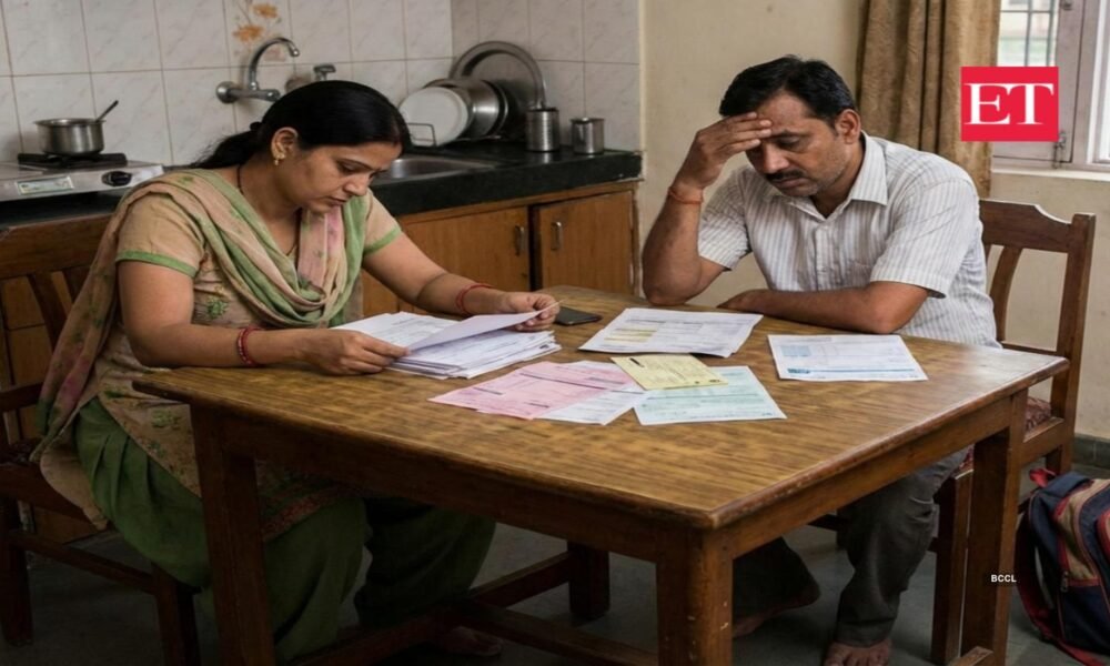 Parents discussing school fees and admission related matters at a school office in India.