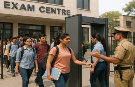 Students arriving for CUET UG 2026 examinations at Indian exam centres