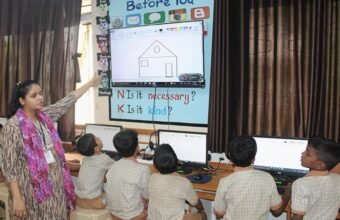 Students attending a cyber safety awareness session in a school.