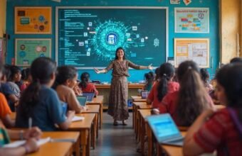 Students learning artificial intelligence and coding concepts in a classroom
