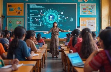 Students learning artificial intelligence and coding concepts in a classroom