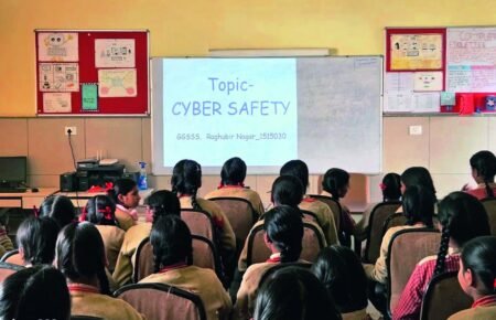 Students attending a cyber safety awareness session in a Delhi school.