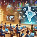 Students using AI-powered educational technology in a modern classroom.