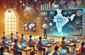 Students using AI-powered educational technology in a modern classroom.