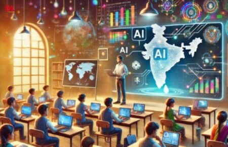 Students using AI-powered educational technology in a modern classroom.