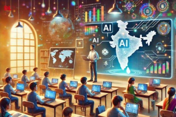 Students using AI-powered educational technology in a modern classroom.