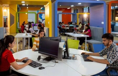 University students engaged in research and innovation activities.