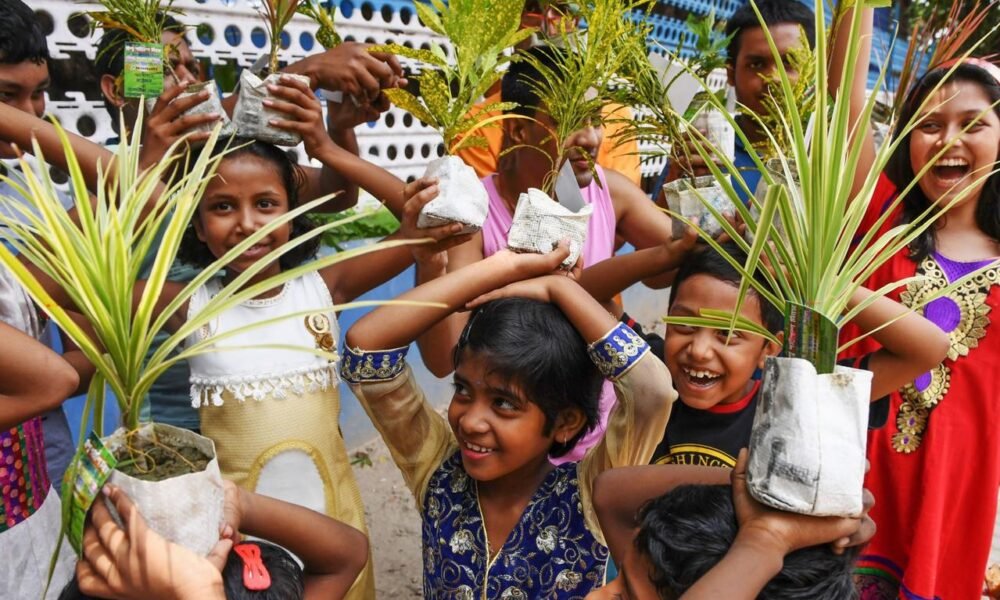 Students participating in environmental awareness and climate education activities.