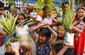 Students participating in environmental awareness and climate education activities.