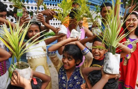 Students participating in environmental awareness and climate education activities.