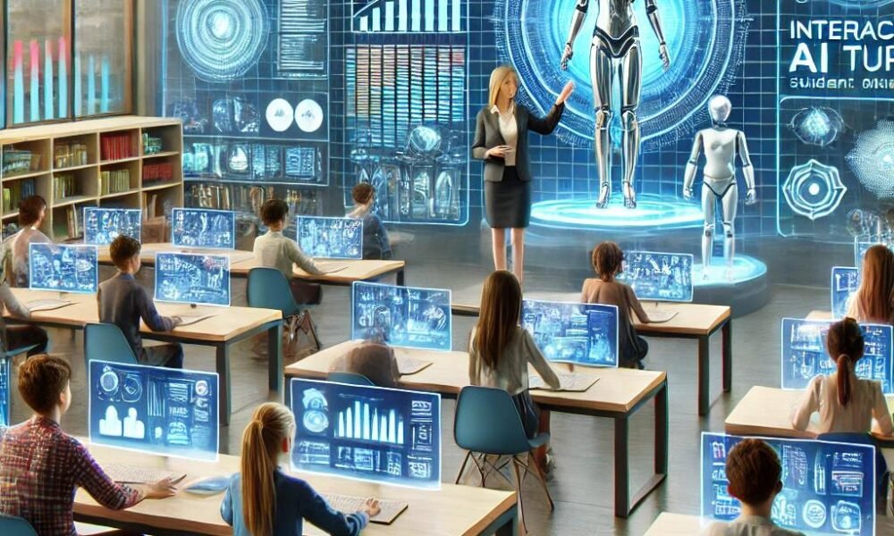 Students using AI-powered educational technology in a modern learning environment.