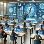 Students using AI-powered educational technology in a modern learning environment.
