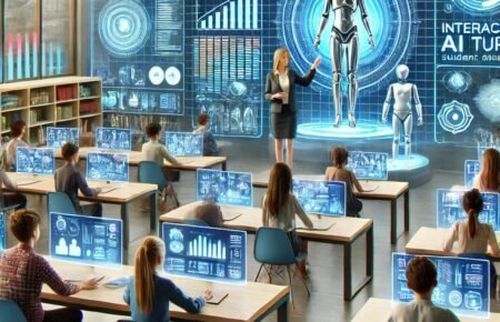 Students using AI-powered educational technology in a modern learning environment.