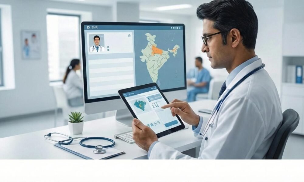 Doctor accessing a patient's electronic health record in a modern hospital.