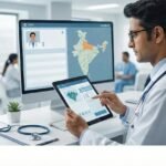 Doctor accessing a patient's electronic health record in a modern hospital.