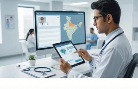 Doctor accessing a patient's electronic health record in a modern hospital.