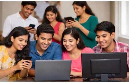 Students checking their entrance examination results online.