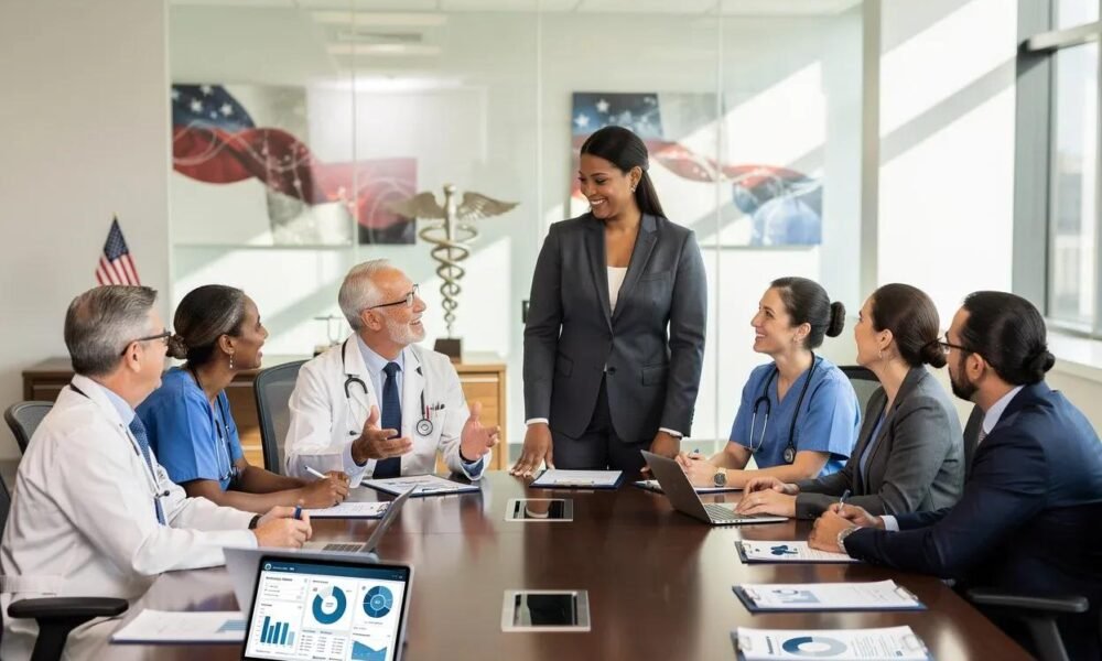Hospital administrators reviewing healthcare compliance and operational standards.