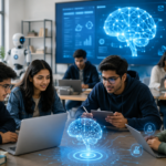 Students learning artificial intelligence in a modern university classroom with digital AI visualisations.