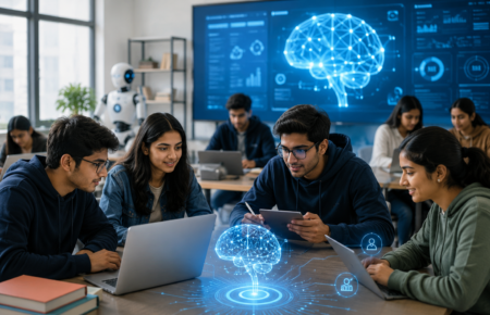 Students learning artificial intelligence in a modern university classroom with digital AI visualisations.