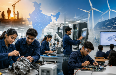 Students receiving practical vocational training in a modern technical laboratory with instructors guiding them.