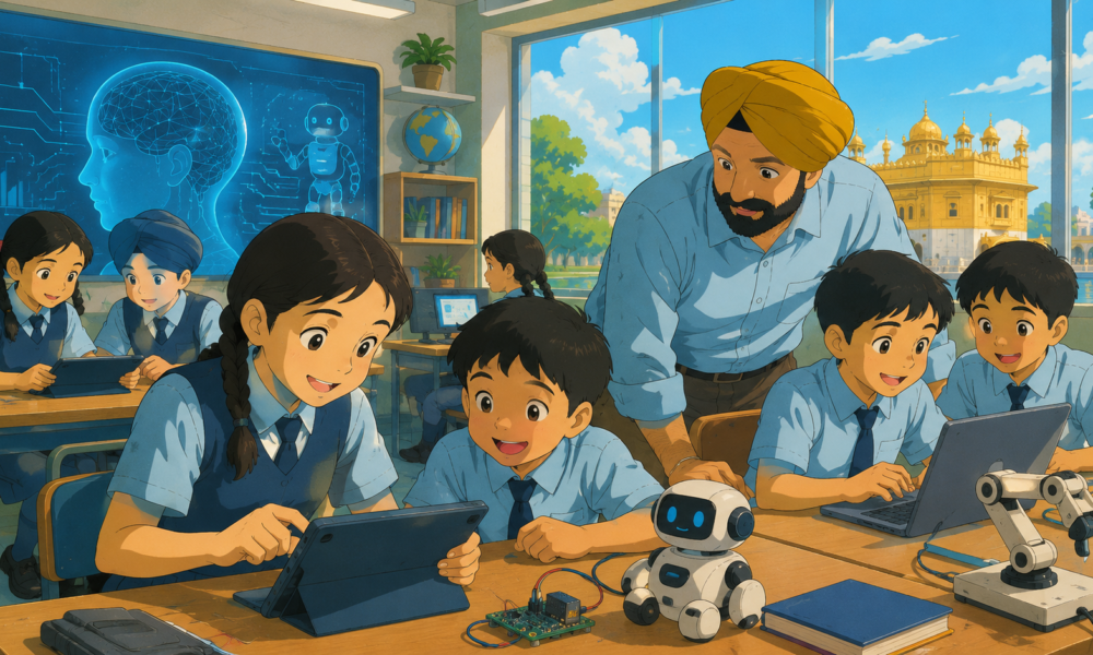 School students learning artificial intelligence through interactive digital classroom activities with a teacher.