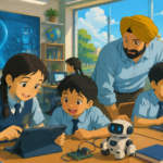 School students learning artificial intelligence through interactive digital classroom activities with a teacher.