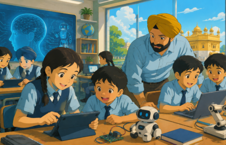 School students learning artificial intelligence through interactive digital classroom activities with a teacher.