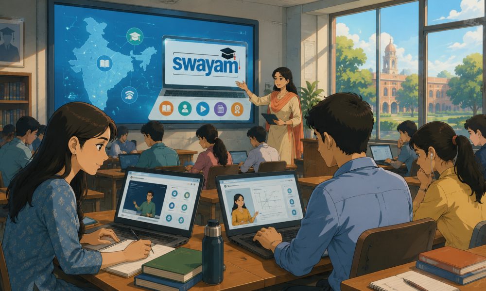 University students attending a digital classroom while accessing SWAYAM online courses on laptops.