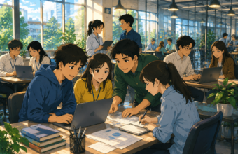 University students using laptops while interacting with industry mentors in a modern internship and innovation workspace.