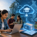 University students using laptops with secure digital academic records and cloud based education technology interface.