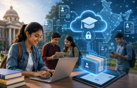 University students using laptops with secure digital academic records and cloud based education technology interface.