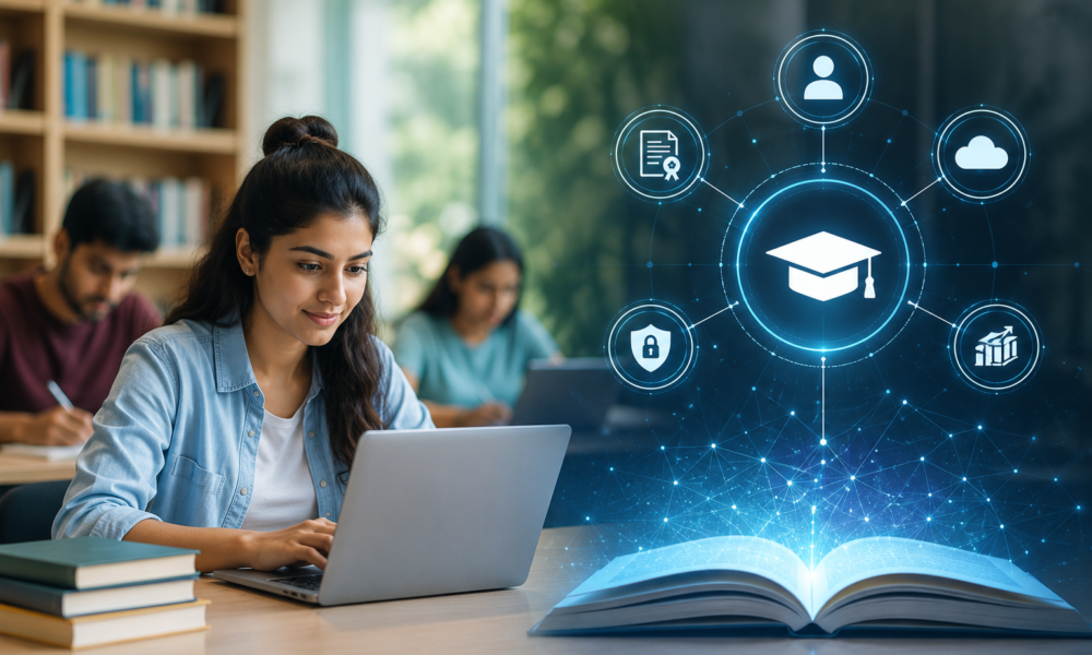 University students using laptops and digital devices to access academic records through India's APAAR digital education platform.