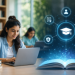 University students using laptops and digital devices to access academic records through India's APAAR digital education platform.