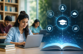 University students using laptops and digital devices to access academic records through India's APAAR digital education platform.