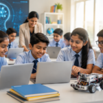 Indian school students learning artificial intelligence through interactive digital lessons in a modern smart classroom