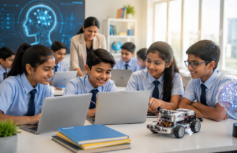 Indian school students learning artificial intelligence through interactive digital lessons in a modern smart classroom