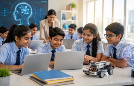 Indian school students learning artificial intelligence through interactive digital lessons in a modern smart classroom