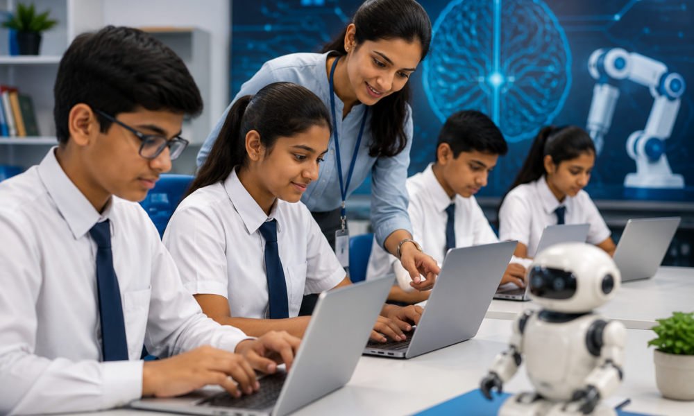 School students using computers while learning artificial intelligence with a teacher in a modern classroom.