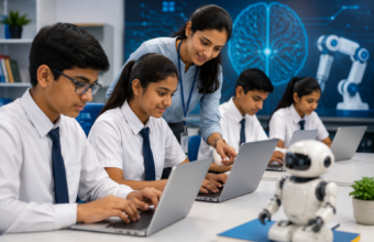School students using computers while learning artificial intelligence with a teacher in a modern classroom.