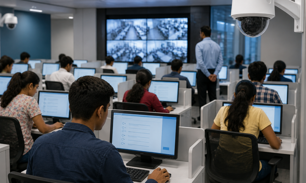 Students taking a computer-based examination under digital monitoring in a modern examination hall.