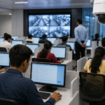 Students taking a computer-based examination under digital monitoring in a modern examination hall.