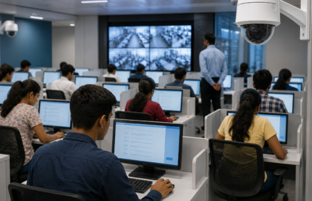 Students taking a computer-based examination under digital monitoring in a modern examination hall.